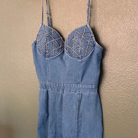 Haute Monde Pants - Denim rhinestone Spaghetti Strap Western Jumpsuit with Beaded Detail 😍